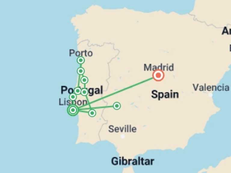 Map of Spain Tour with 5 destination visits for the trip: Portugal Explorer