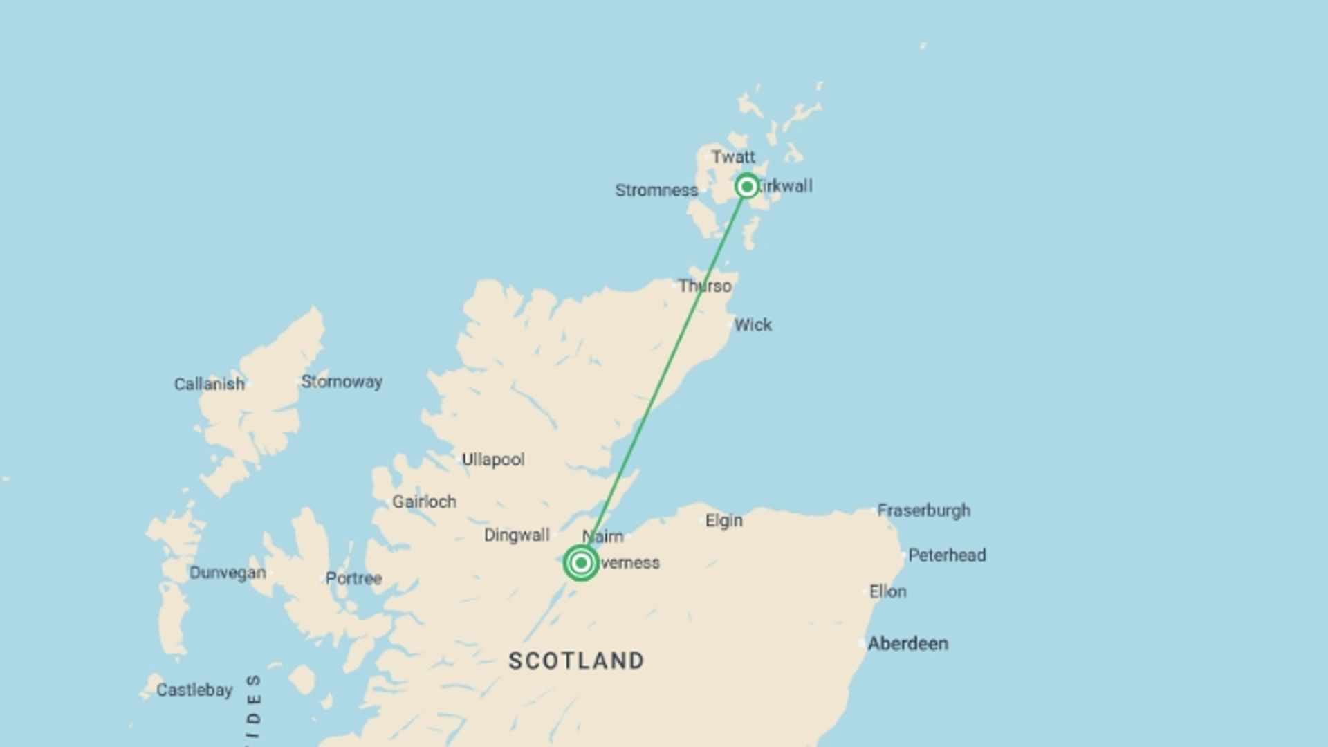 A map showing the tour itinerary for the trip: Orkney Express - 3 days, starting in Inverness, Scotland and ending in Inverness, Scotland going through 1 other destinations.