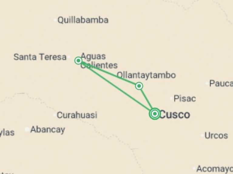 Map itinerary of South America Tour in February 2026 with 3 destination visits for the trip: Machu Picchu Express - 5 days