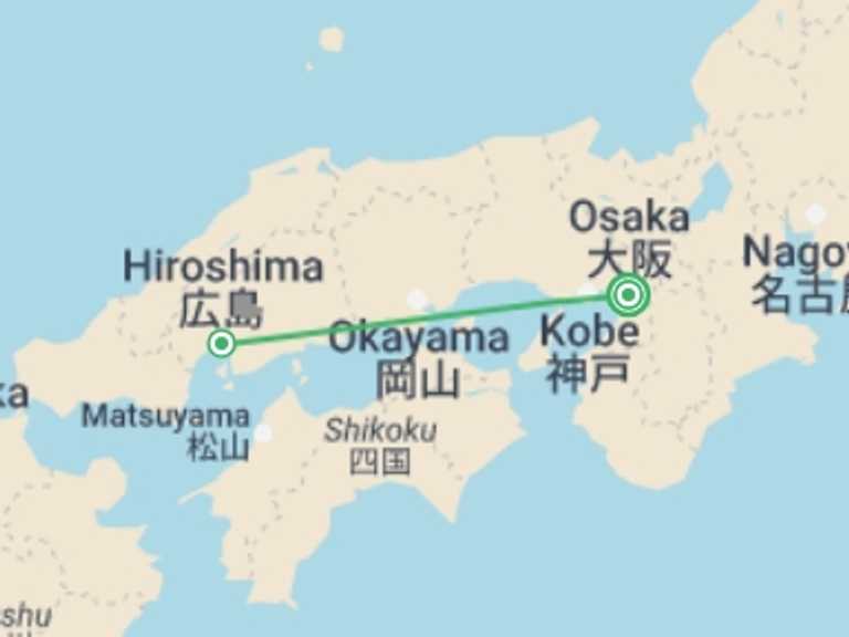Map of Osaka Tour with 2 destination visits for the trip: Hiroshima Peace And Prayers By Bullet Train from Osaka