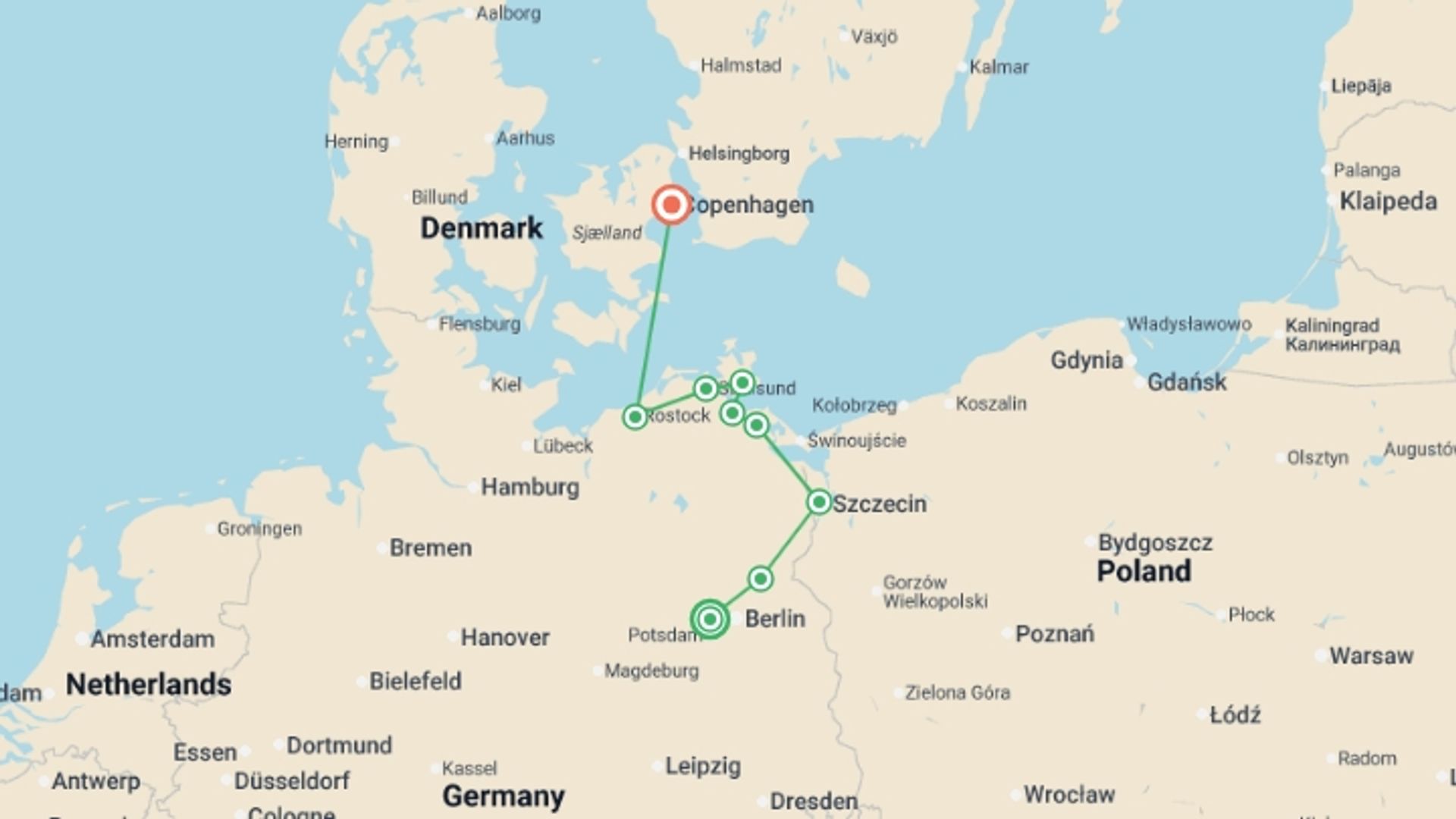 A map showing the tour itinerary for the trip: From Berlin to Copenhagen The Havel, the Oder and the Baltic sea (port-to-port cruise), starting in Spandau, Germany and ending in Copenhagen, Denmark going through 5 other destinations.