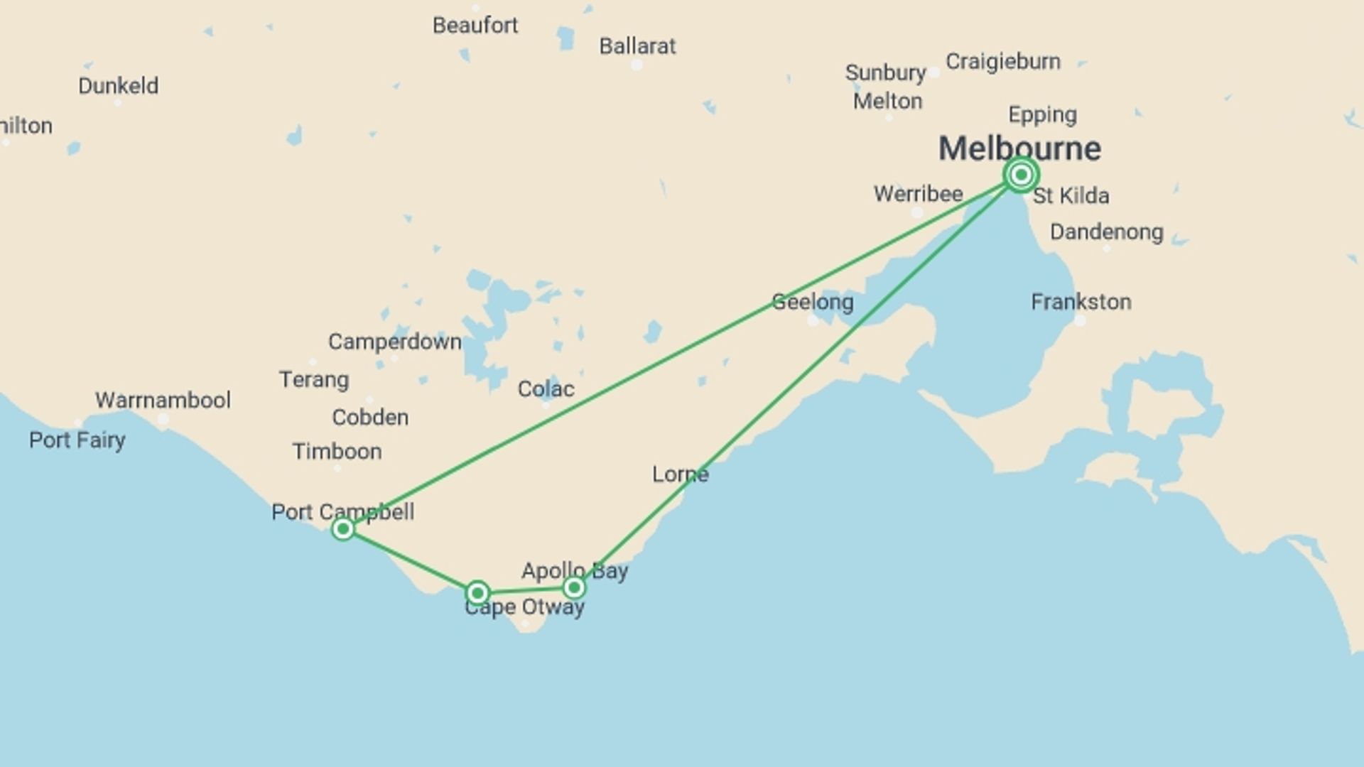 A map showing the tour itinerary for the trip: Hike the Great Ocean Walk, starting in Melbourne, Australia and ending in Melbourne, Australia going through 3 other destinations.