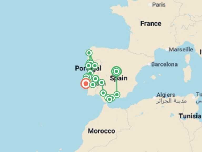 Map of 12-Day Madrid Tour with 8 destination visits for the trip: Andalusia and Portugal completely Madrid