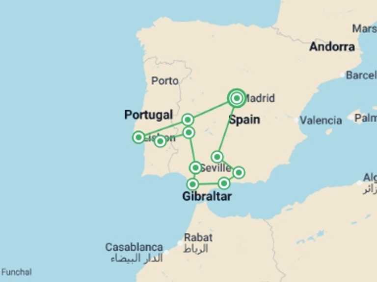 Map of Spain Tour with 7 destination visits for the trip: Andalusian Soul with Portugal
