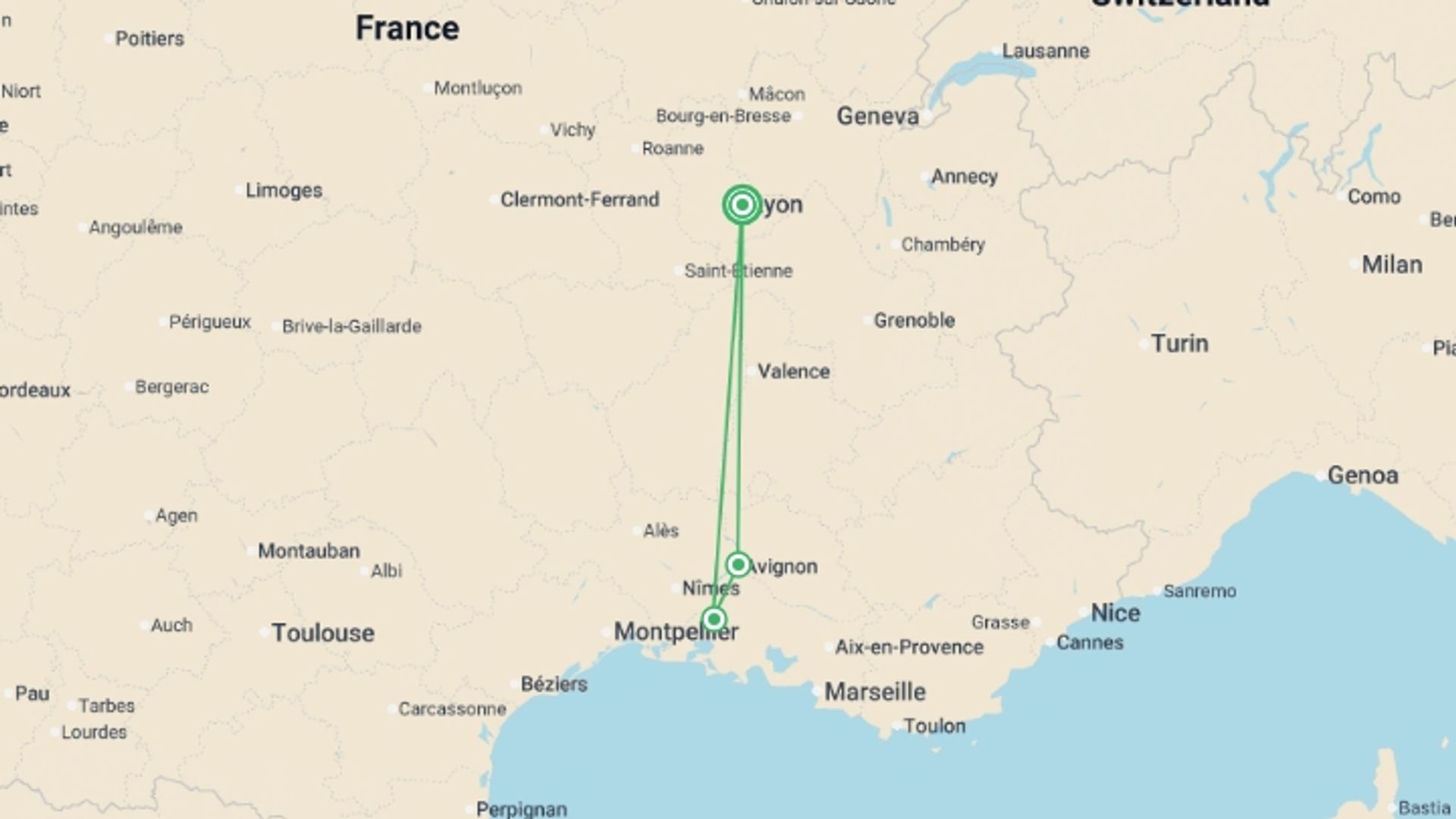 A map showing the tour itinerary for the trip: A Christmas in Provence (port-to-port cruise), starting in Lyon, France and ending in Lyon, France going through 3 other destinations.