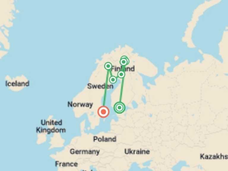 Map itinerary of Europe Tour in April 2027 with 6 destination visits for the trip: Scandinavian Northern Lights