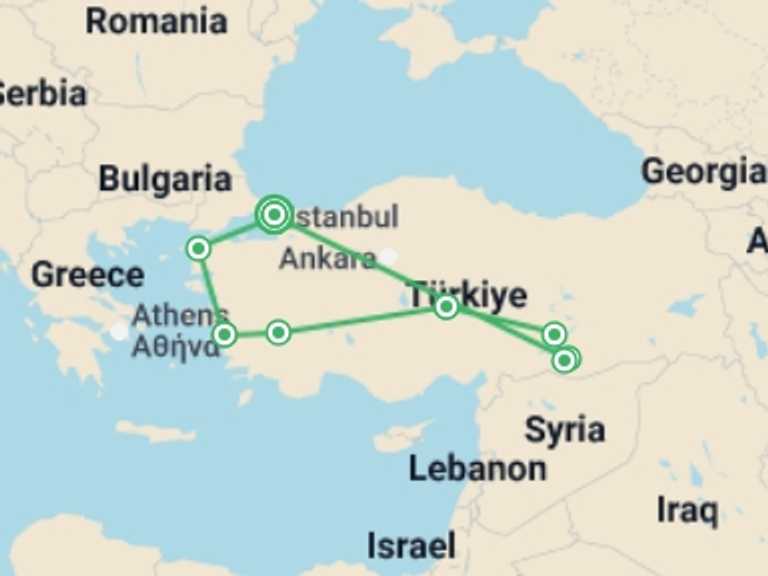Map itinerary of Mediterranean Tour in September 2026 with 8 destination visits for the trip: Turkey From West to East - 13 days