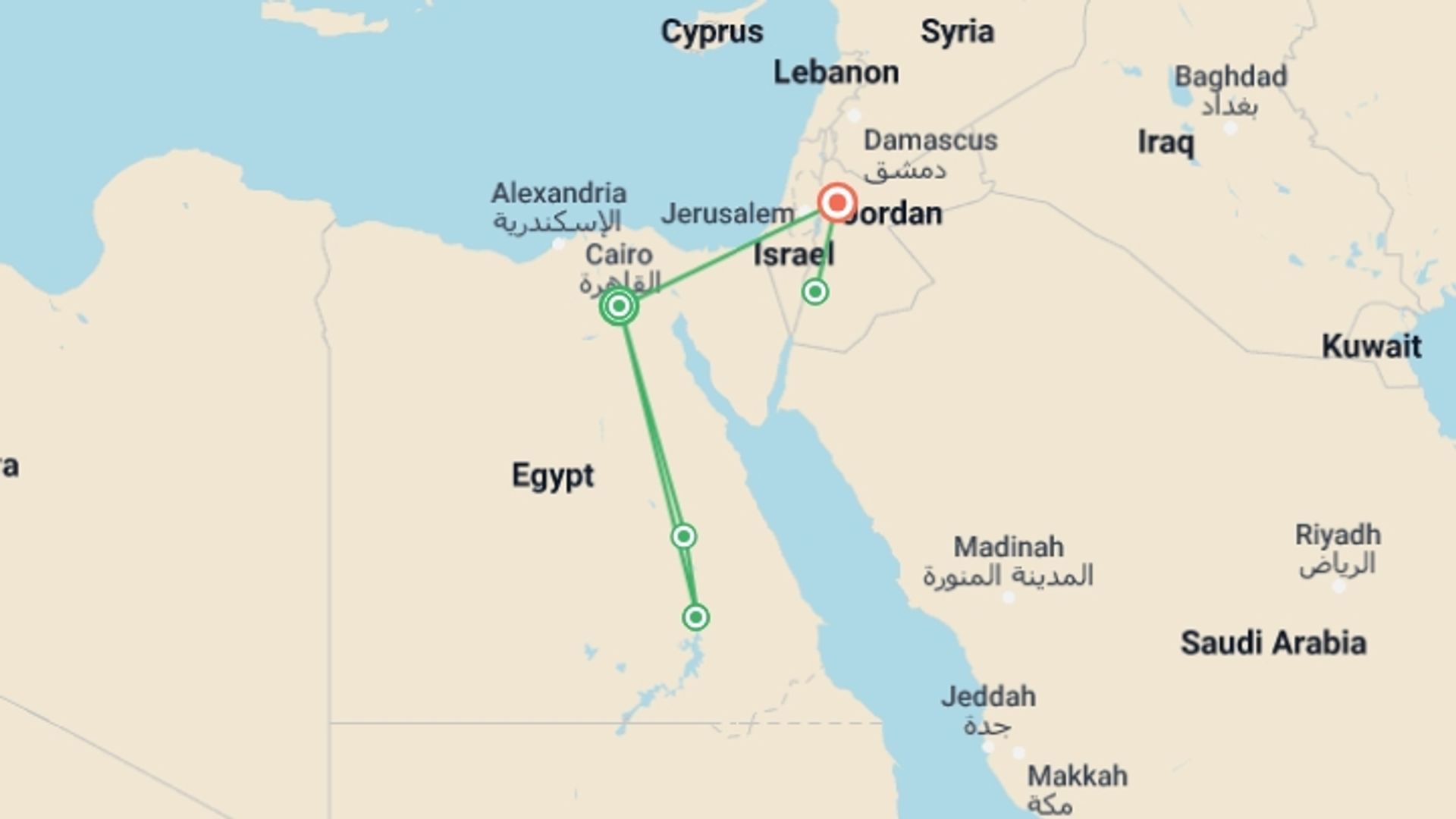 A map showing the tour itinerary for the trip: Best of Egypt and Jordan, starting in Cairo, Egypt and ending in Amman, Jordan going through 3 other destinations.