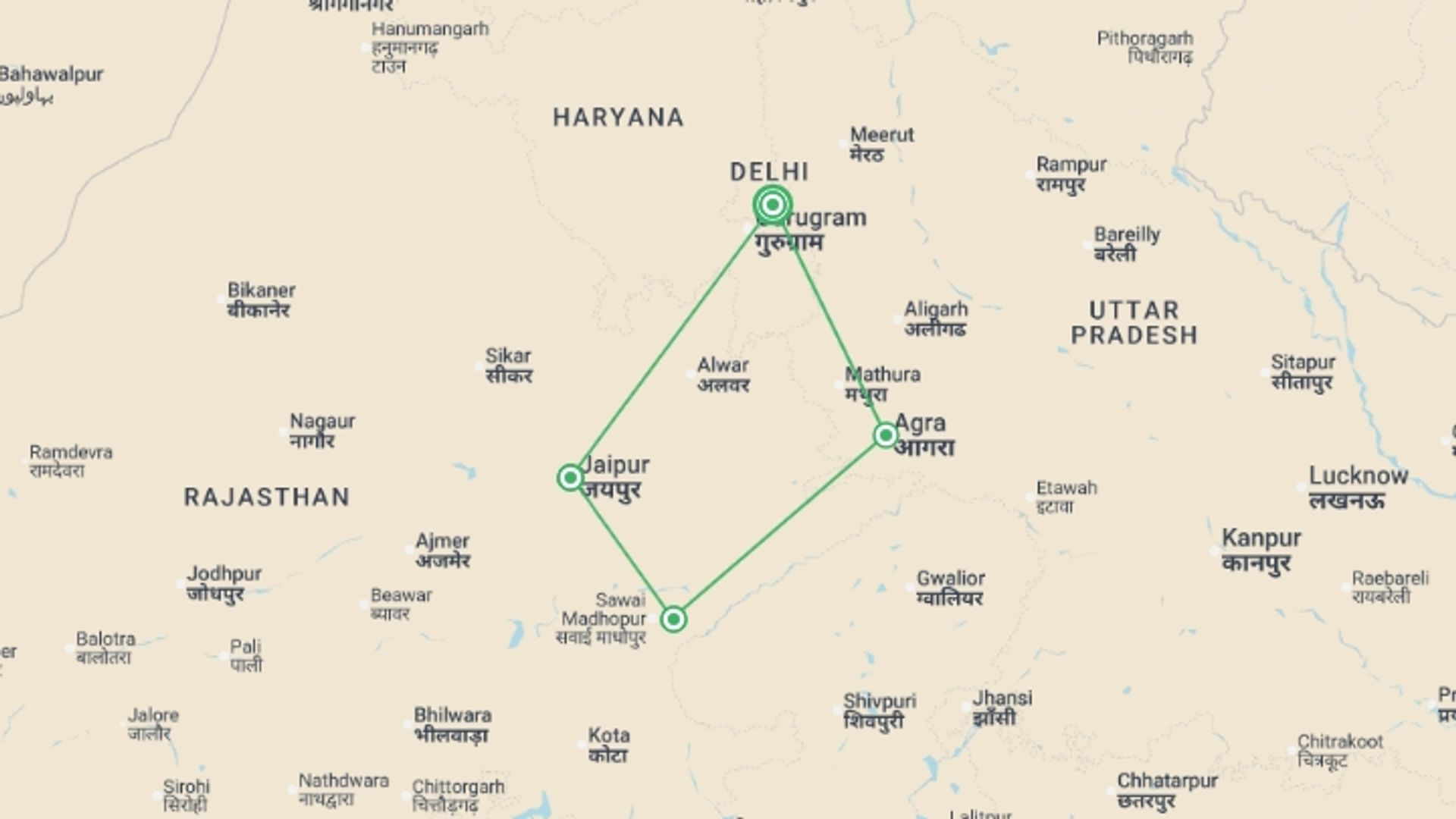 A map showing the tour itinerary for the trip: Essence of India , starting in New Delhi, India and ending in New Delhi, India going through 0 other destinations.