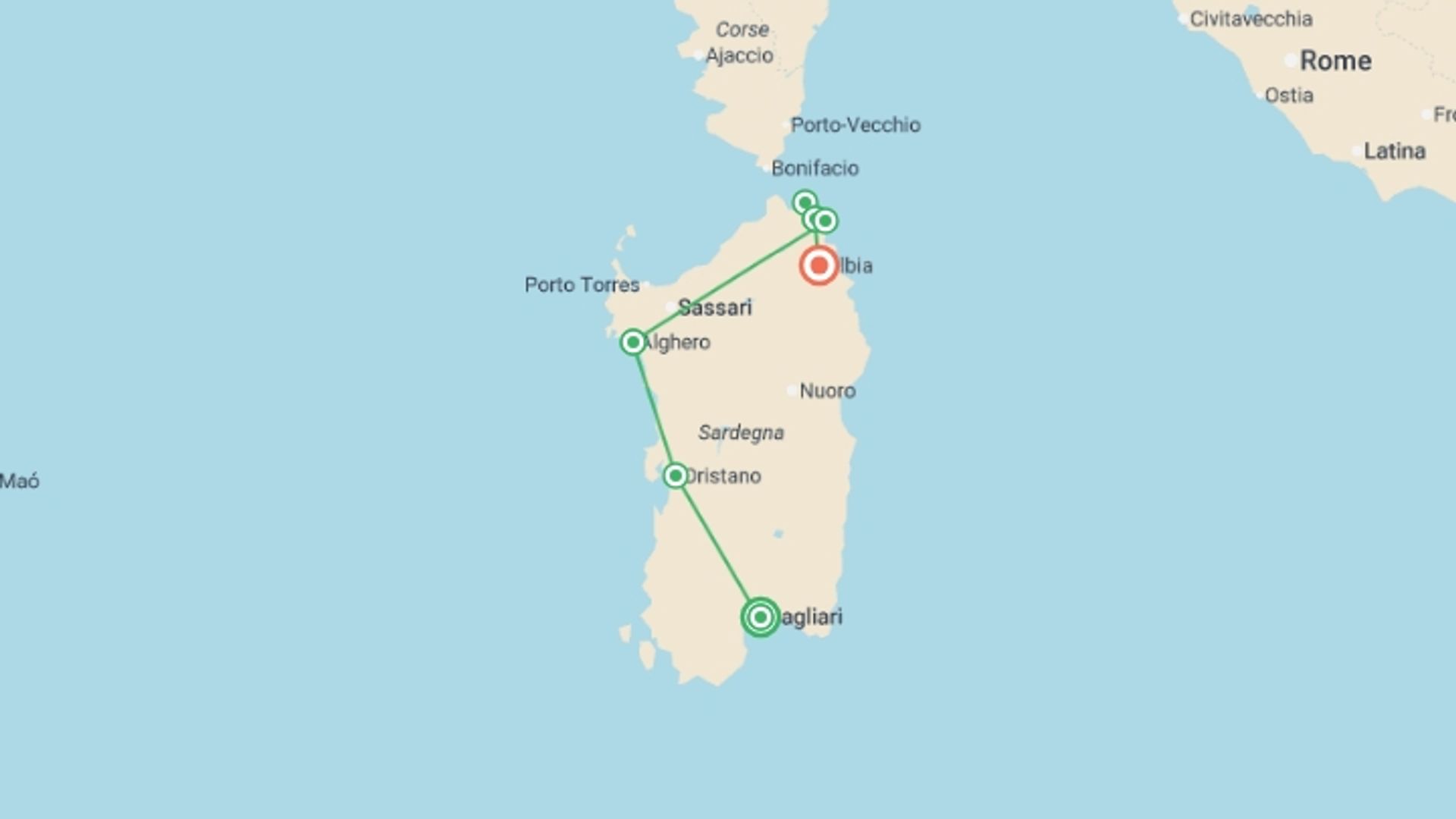 A map showing the tour itinerary for the trip: Best Of Sardinia, Self-drive, starting in Cagliari, Italy and ending in Olbia, Italy going through 3 other destinations.