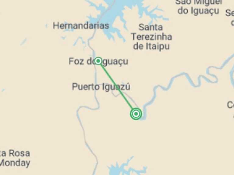 Map itinerary of Argentina Tour in December 2026 with 2 destination visits for the trip: 3-day Argentine Adventure At Iguazú Falls