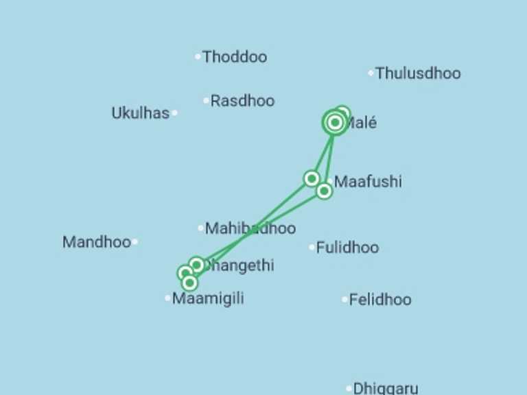 Map itinerary of Asia Tour in February 2026 with 7 destination visits for the trip: Marine Wildlife of the Maldives
