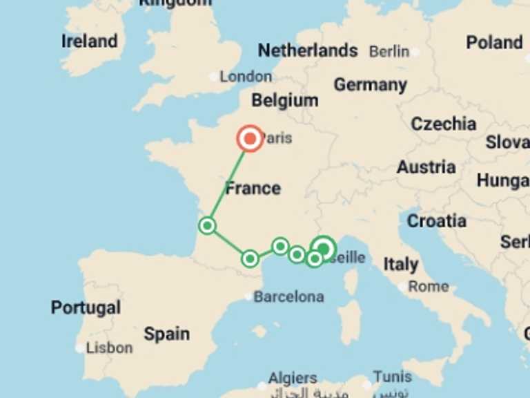 Map itinerary of Paris Tour in Summer with 8 destination visits for the trip: Ultimate France