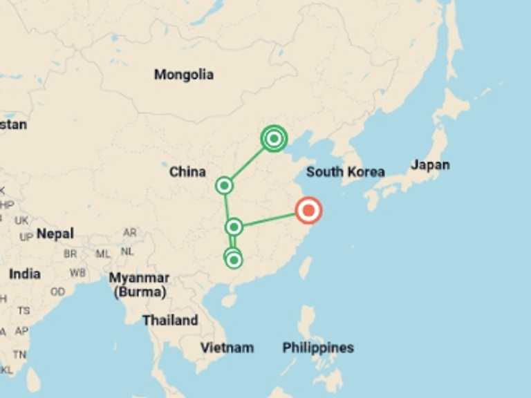 Map of China Tour with 6 destination visits for the trip: China Highlights Journey - 14 days