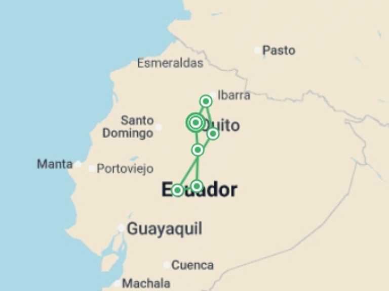 Map itinerary of South America Tour in May 2027 with 5 destination visits for the trip: Ecuador Active Adventure - 8 days