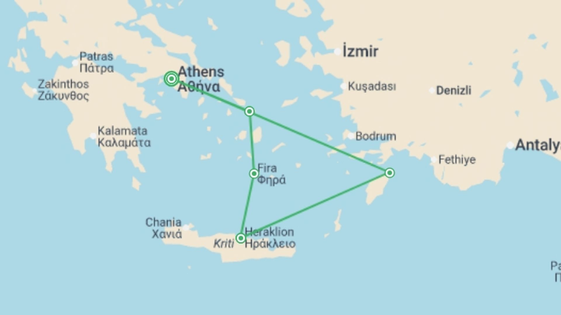 A map showing the tour itinerary for the trip: Essential Greece with Mykonos, starting in Athens, Greece and ending in Athens, Greece going through 4 other destinations.