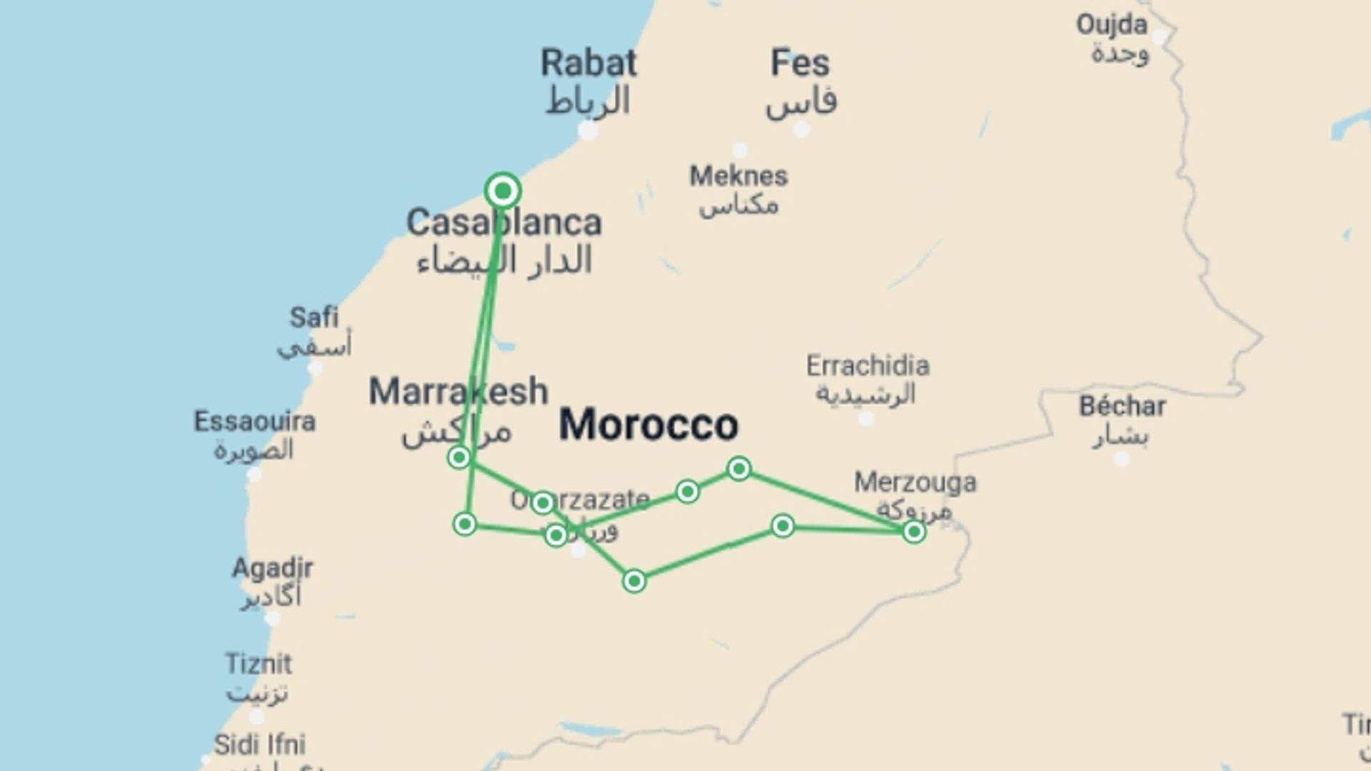 A map showing the tour itinerary for the trip: Luxury 4-Day Morocco Desert Tour from Marrakesh, starting in Casablanca, Morocco and ending in Casablanca, Morocco going through 8 other destinations.