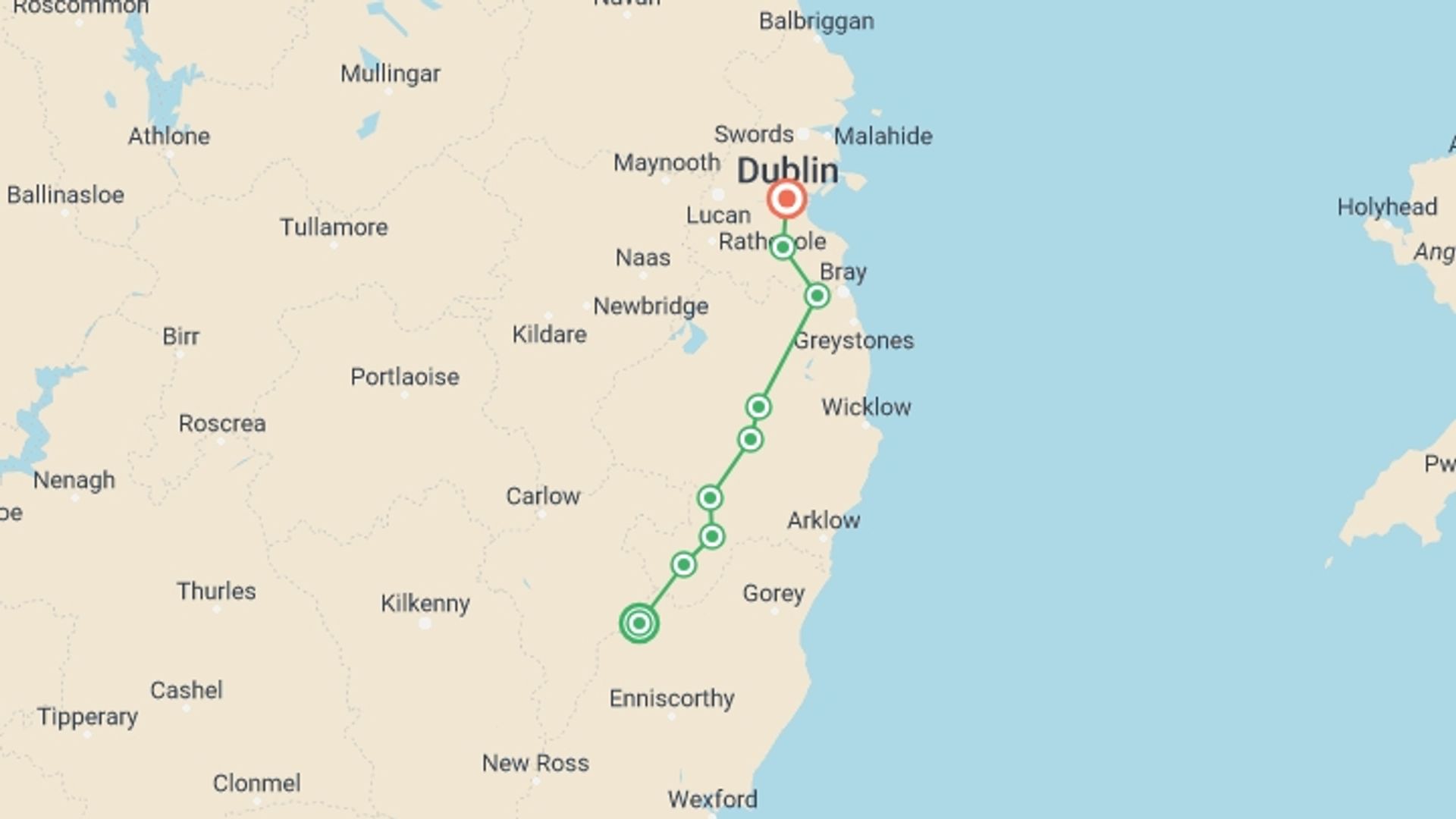 A map showing the tour itinerary for the trip: The Wicklow Way - 9 Days, starting in Bunclody, Ireland and ending in Dublin, Ireland going through 7 other destinations.