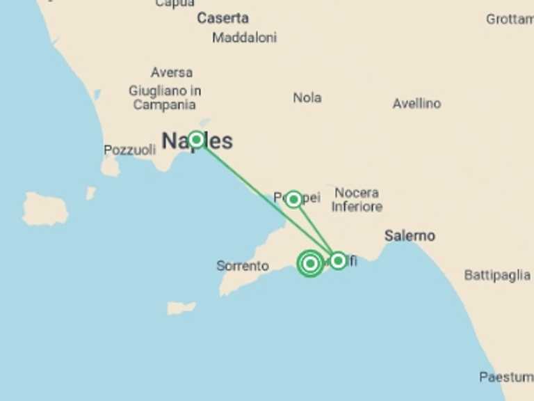 Map itinerary of Italy Tour in August 2027 with 5 destination visits for the trip: Walking the Amalfi Coast