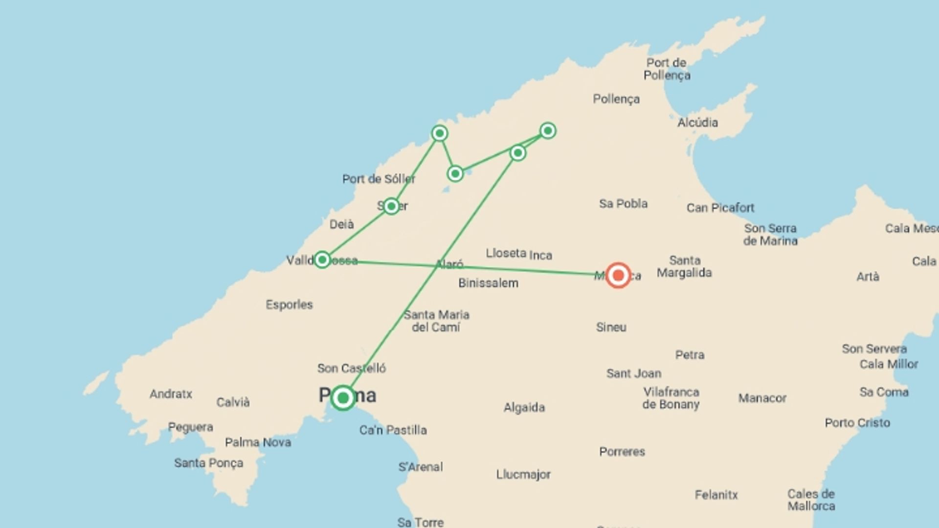 A map showing the tour itinerary for the trip: Majorca Hike: Sierras & Monasteries, starting in Palma, Spain and ending in Mallorca, Spain going through 5 other destinations.