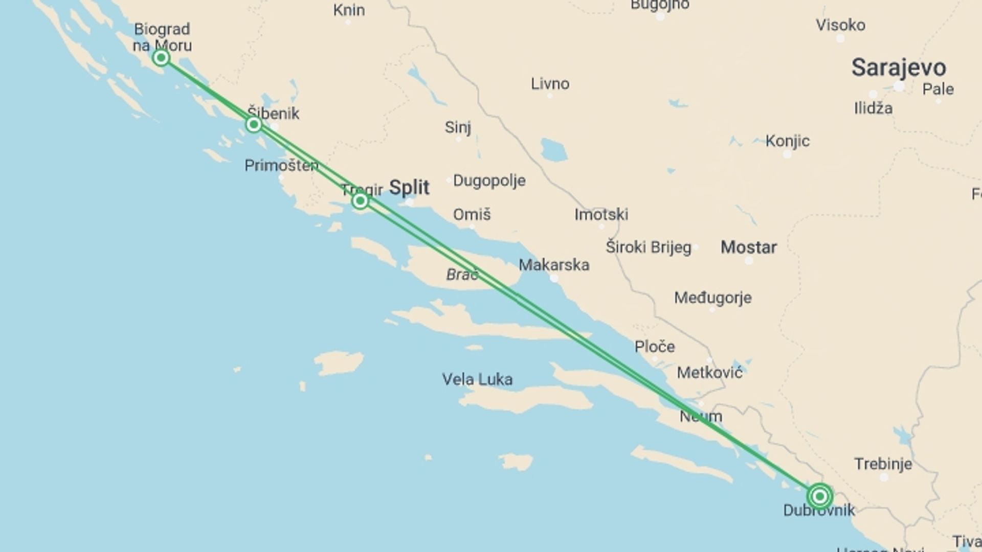 A map showing the tour itinerary for the trip: Grand Tour Of Croatia 8 Days, Self-drive, starting in Dubrovnik, Croatia and ending in Dubrovnik, Croatia going through 2 other destinations.