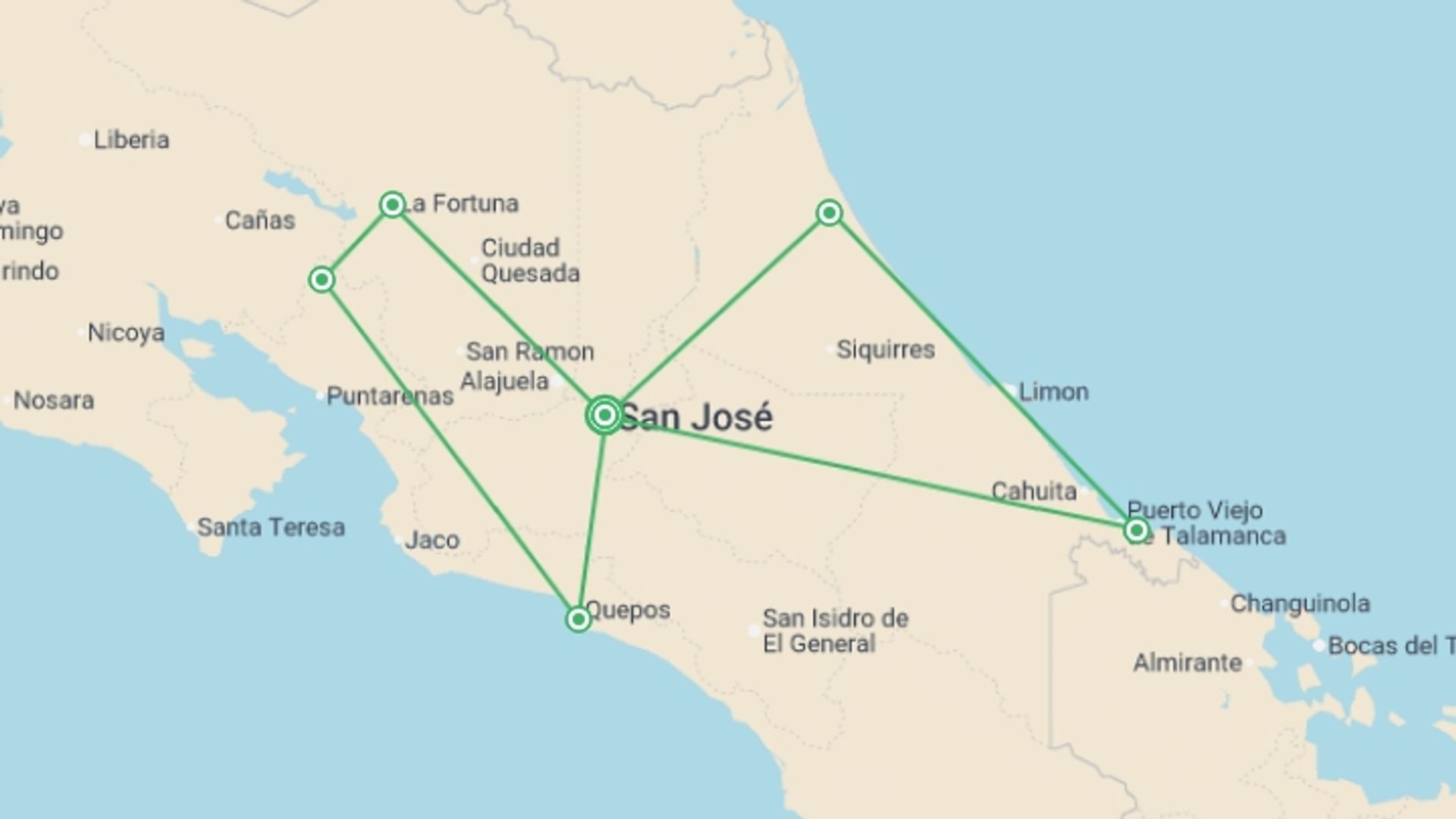 A map showing the tour itinerary for the trip: Premium Costa Rica in Depth, starting in San Jose, Costa Rica and ending in San Jose, Costa Rica going through 5 other destinations.
