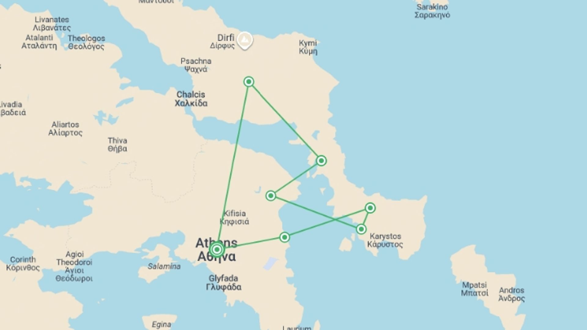 A map showing the tour itinerary for the trip: Greek Island Cruise, starting in Athens, Greece and ending in Athens, Greece going through 5 other destinations.