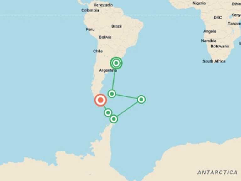 Map itinerary of Ushuaia Tour in October 2025 with 6 destination visits for the trip: King Penguins of the Falklands and South Georgia - Expedition