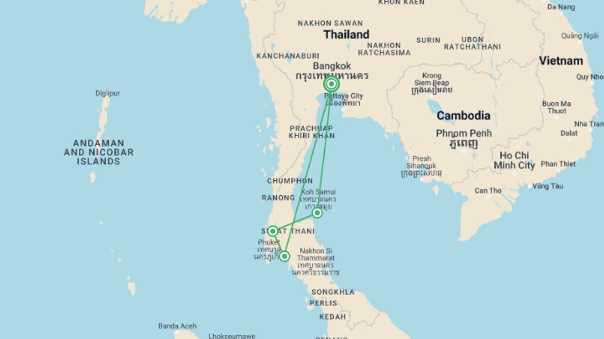 A map showing the tour itinerary for the trip: Journeys: Explore Southern Thailand, starting in Bangkok, Thailand and ending in Bangkok, Thailand going through 3 other destinations.