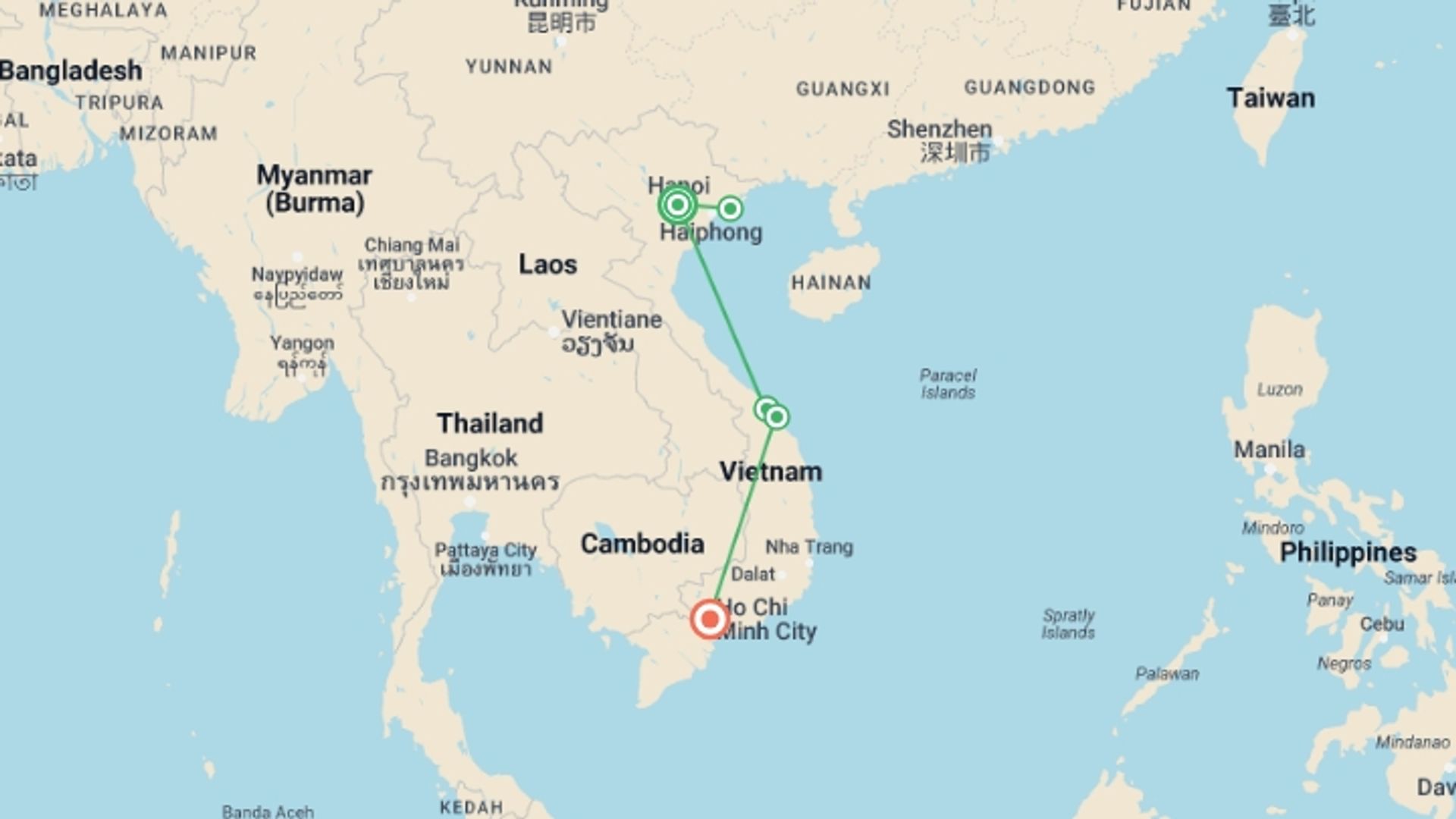 A map showing the tour itinerary for the trip: 8-Day Romance of Vietnam Tour I Must-See Destinations , starting in Hanoi, Vietnam and ending in Ho Chi Minh City, Vietnam going through 4 other destinations.