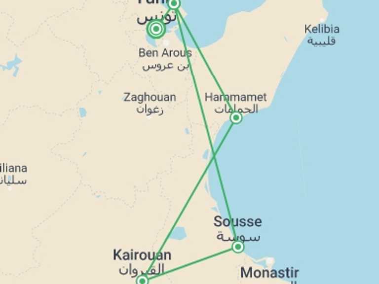 Map of Tunisia Tour with 5 destination visits for the trip: Discover Tunisia, Self-drive