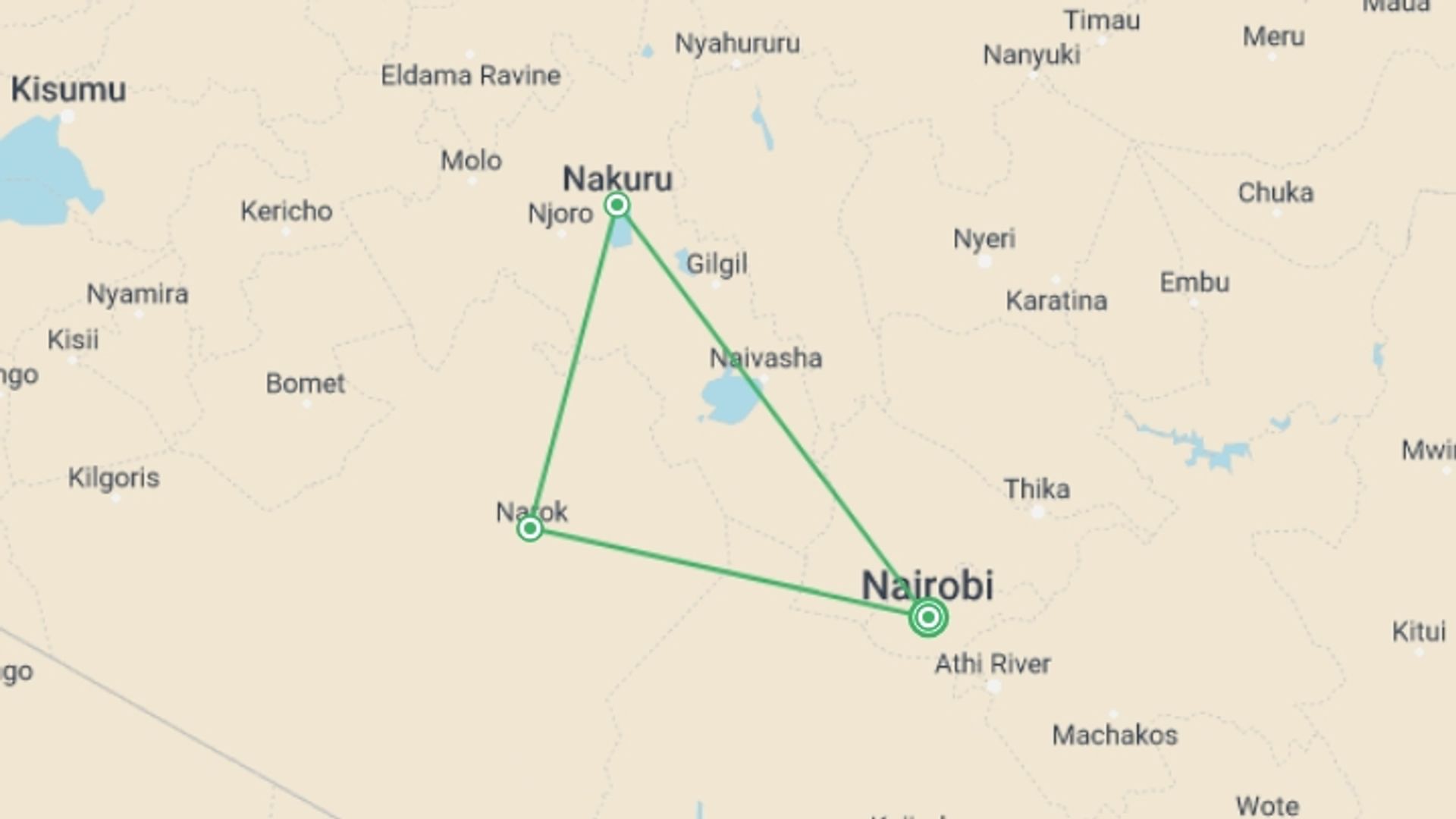 A map showing the tour itinerary for the trip: 5 DAYS KENYA SAFARI, starting in Nairobi, Kenya and ending in Nairobi, Kenya going through 4 other destinations.