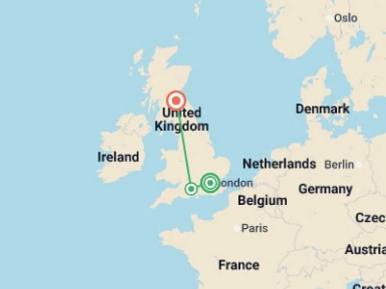 Map of Europe Tour with 3 destination visits for the trip: A Classic London & Edinburgh Journey by Train