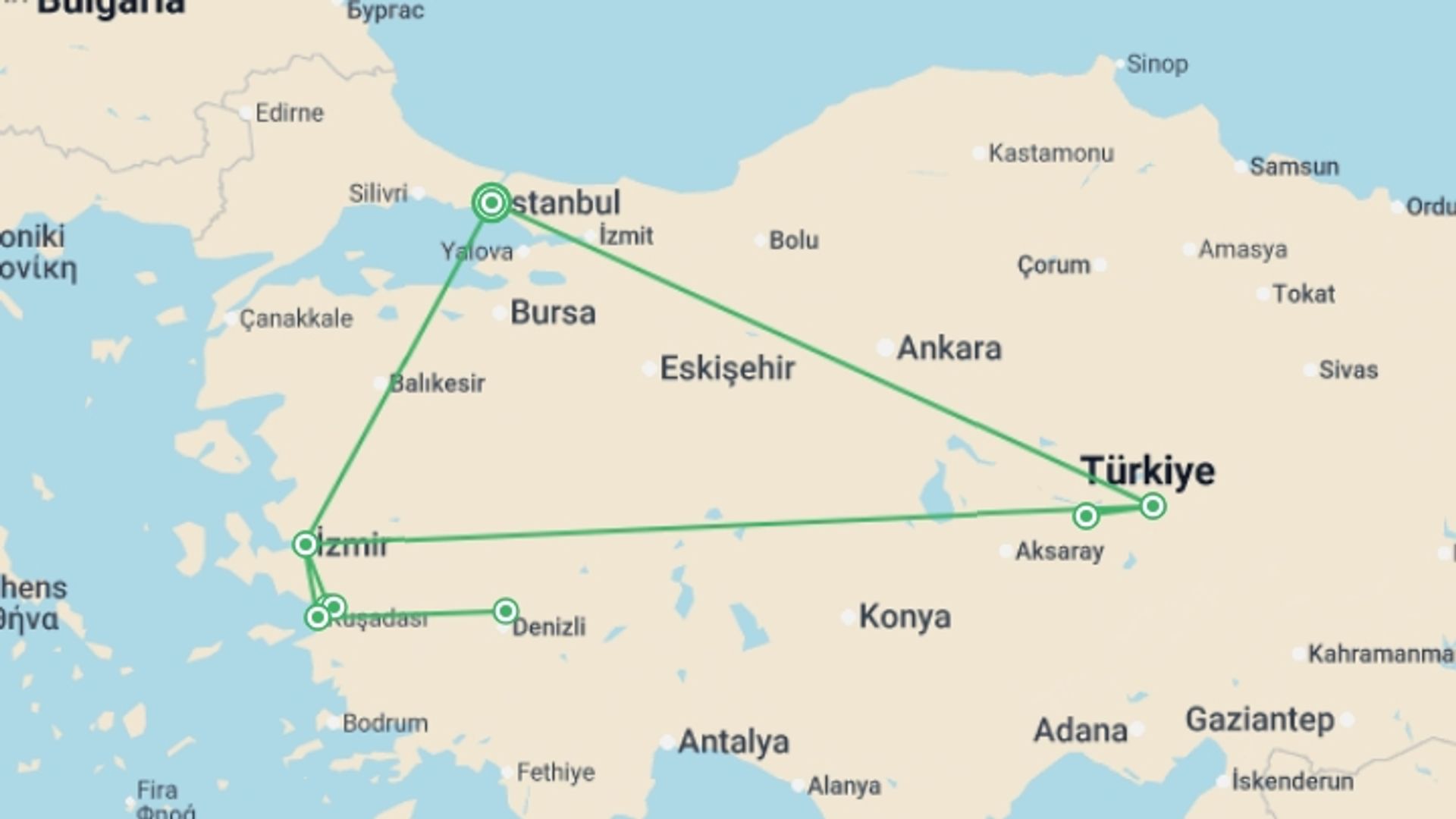 A map showing the tour itinerary for the trip: Istanbul, Kusadasi, Ephesus, Pamukkale & Cappadocia Tour, starting in Istanbul, Turkey and ending in Istanbul, Turkey going through 3 other destinations.