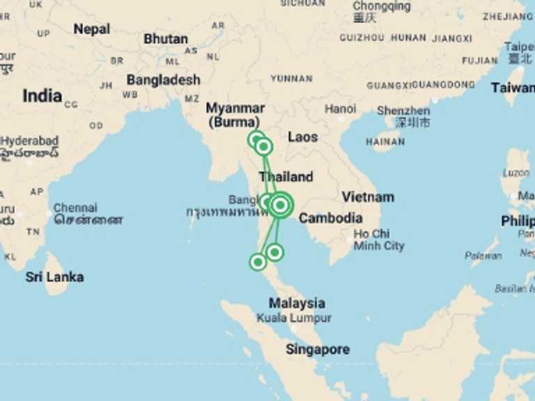 Map of Bangkok Active and outdoor Tour with 6 destination visits for the trip: Northern Thailand & Beaches