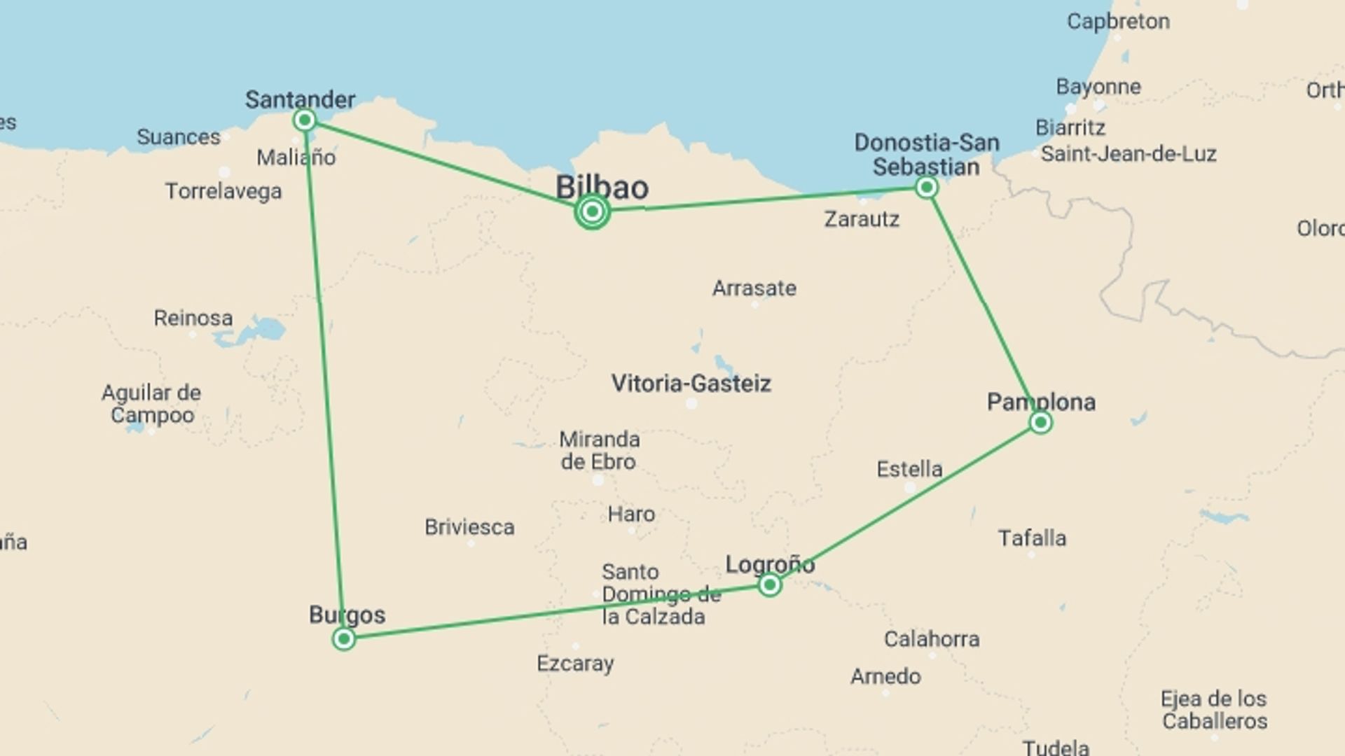 A map showing the tour itinerary for the trip: The North Trail, Self-drive, starting in Bilbao, Spain and ending in Bilbao, Spain going through 4 other destinations.