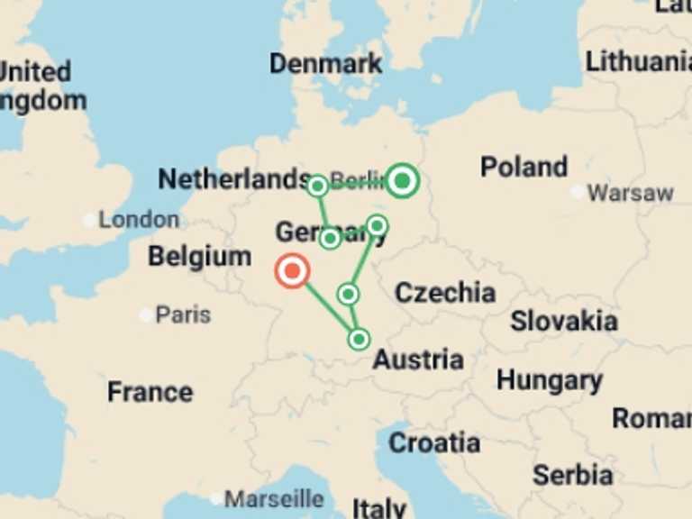 Map of 7-Day Europe Tour with 7 destination visits for the trip: Full Germany Circuit, Ending in Frankfurt
