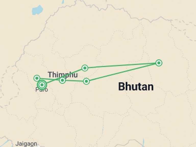Map itinerary of Thimphu Tour in June 2026 with 6 destination visits for the trip: Western and  Central Bhutan Tour
