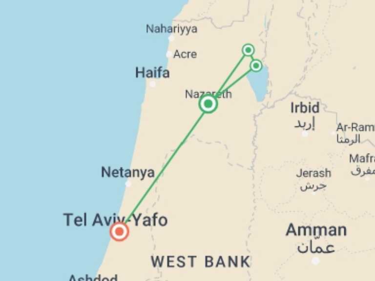 Map itinerary of Tel Aviv Tour in June 2026 with 3 destination visits for the trip: Nazareth And The Sea Of Galilee, 2 Days From Tel Aviv