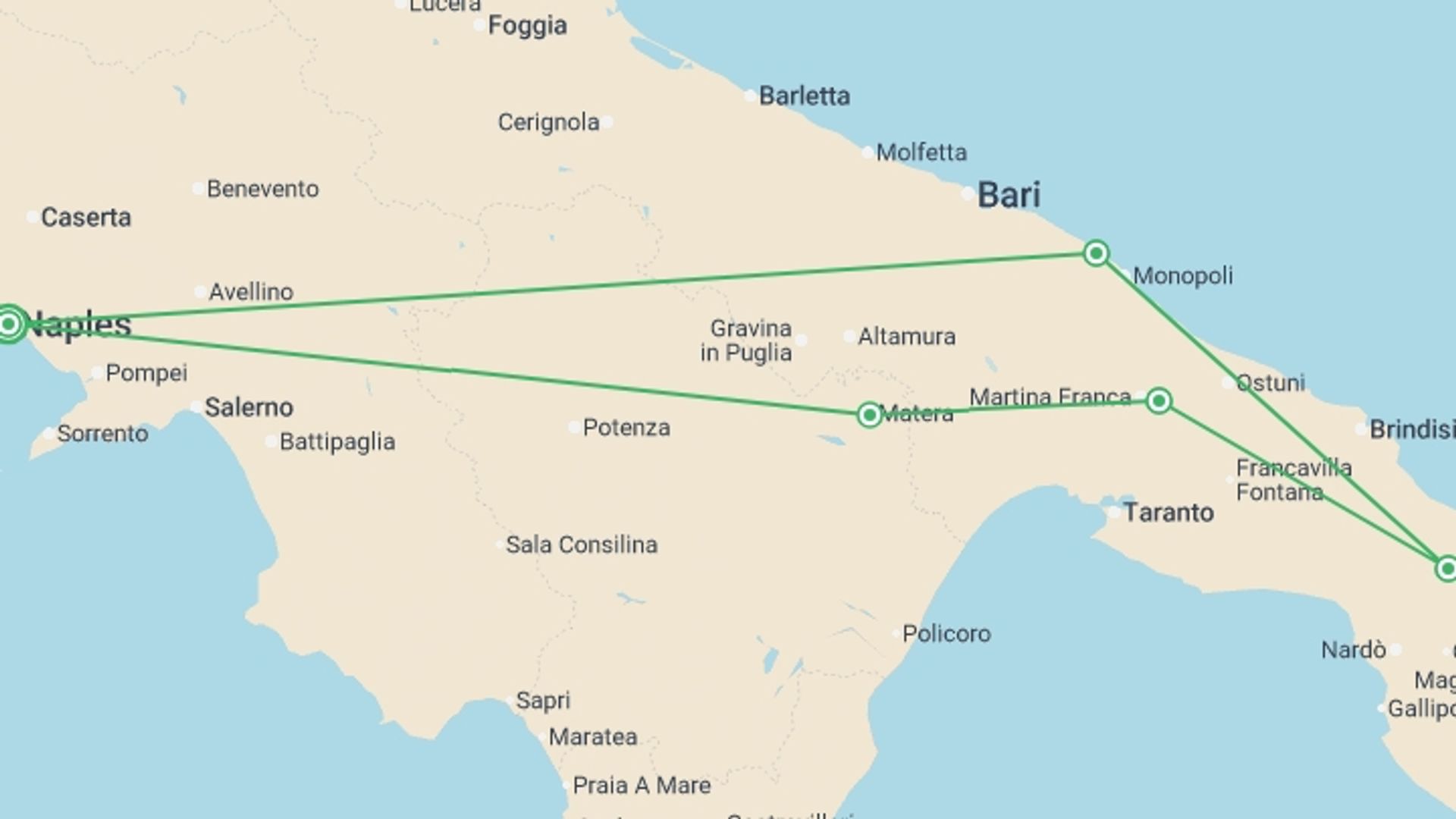 A map showing the tour itinerary for the trip: Secrets of Puglia, starting in Naples, Italy and ending in Naples, Italy going through 4 other destinations.
