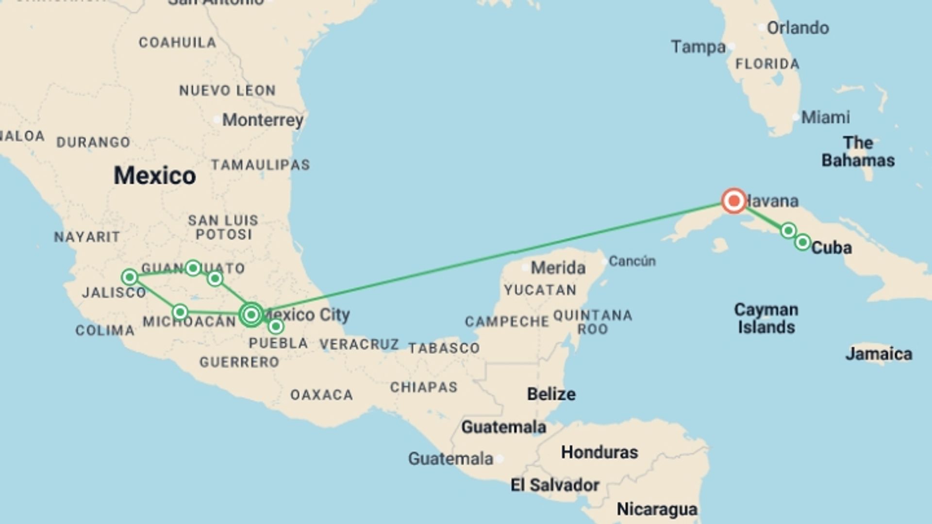 A map showing the tour itinerary for the trip: Mexico and Cuba, starting in Mexico City, Mexico and ending in Havana, Cuba going through 6 other destinations.