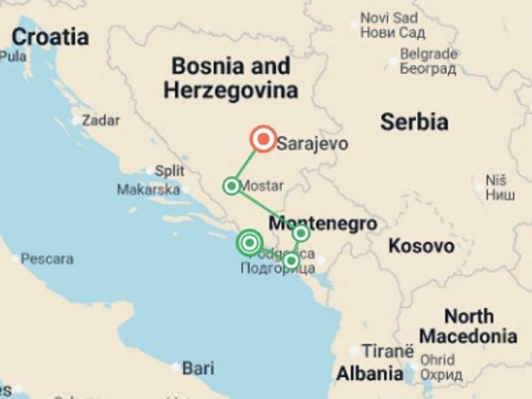 Map of Europe Tour with 5 destination visits for the trip: Cycle the Balkans