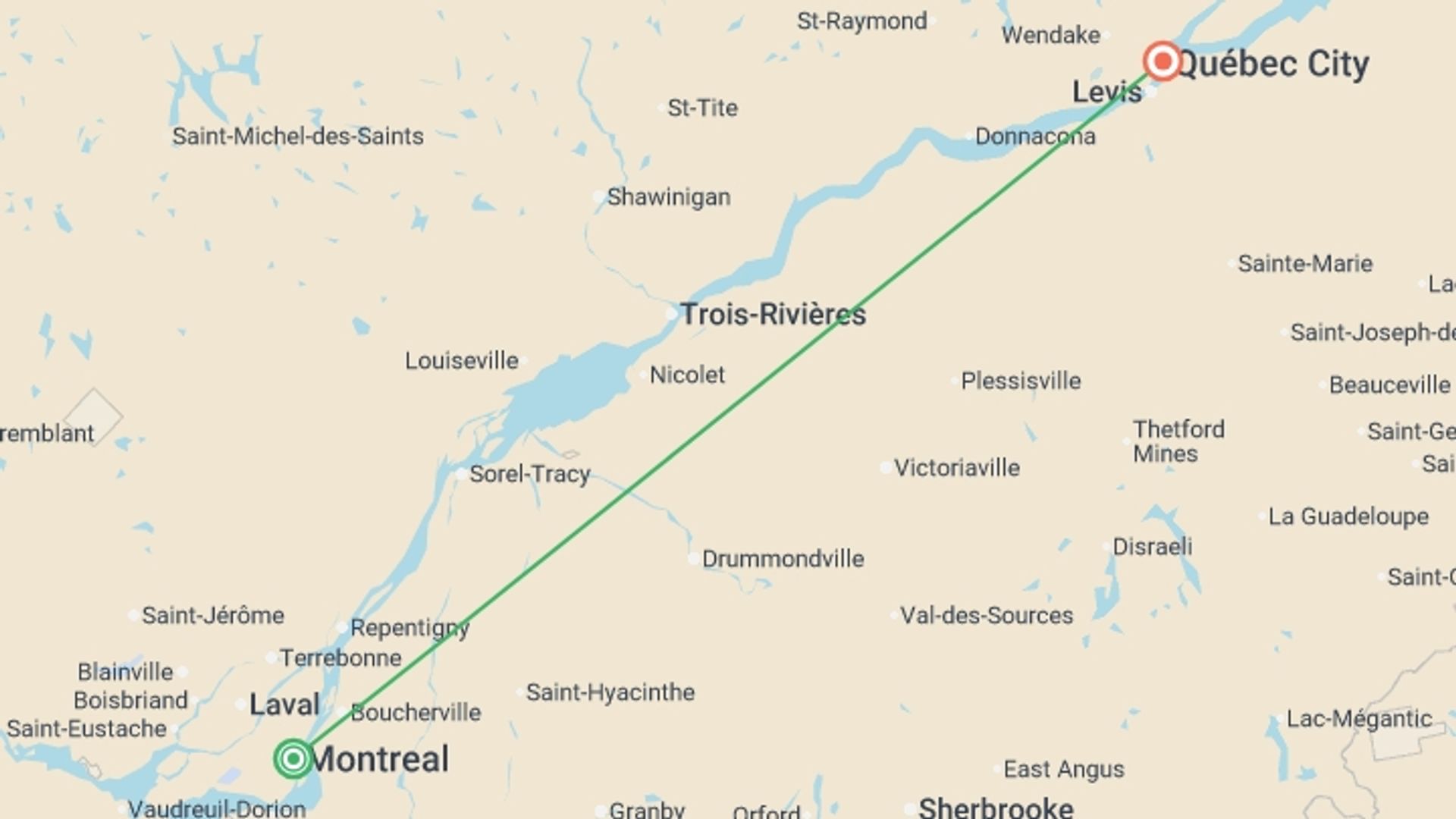 A map showing the tour itinerary for the trip: Montreal and Quebec, starting in Montreal, Canada and ending in Quebec City, Canada going through 0 other destinations.