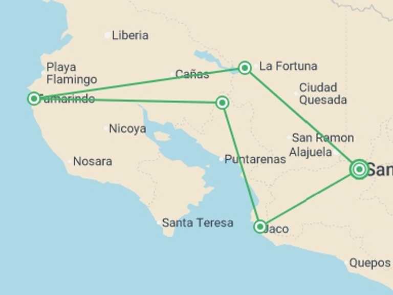 Map of a Trekking and Hiking Tour with 5 destination visits for the trip: Viva Costa Rica