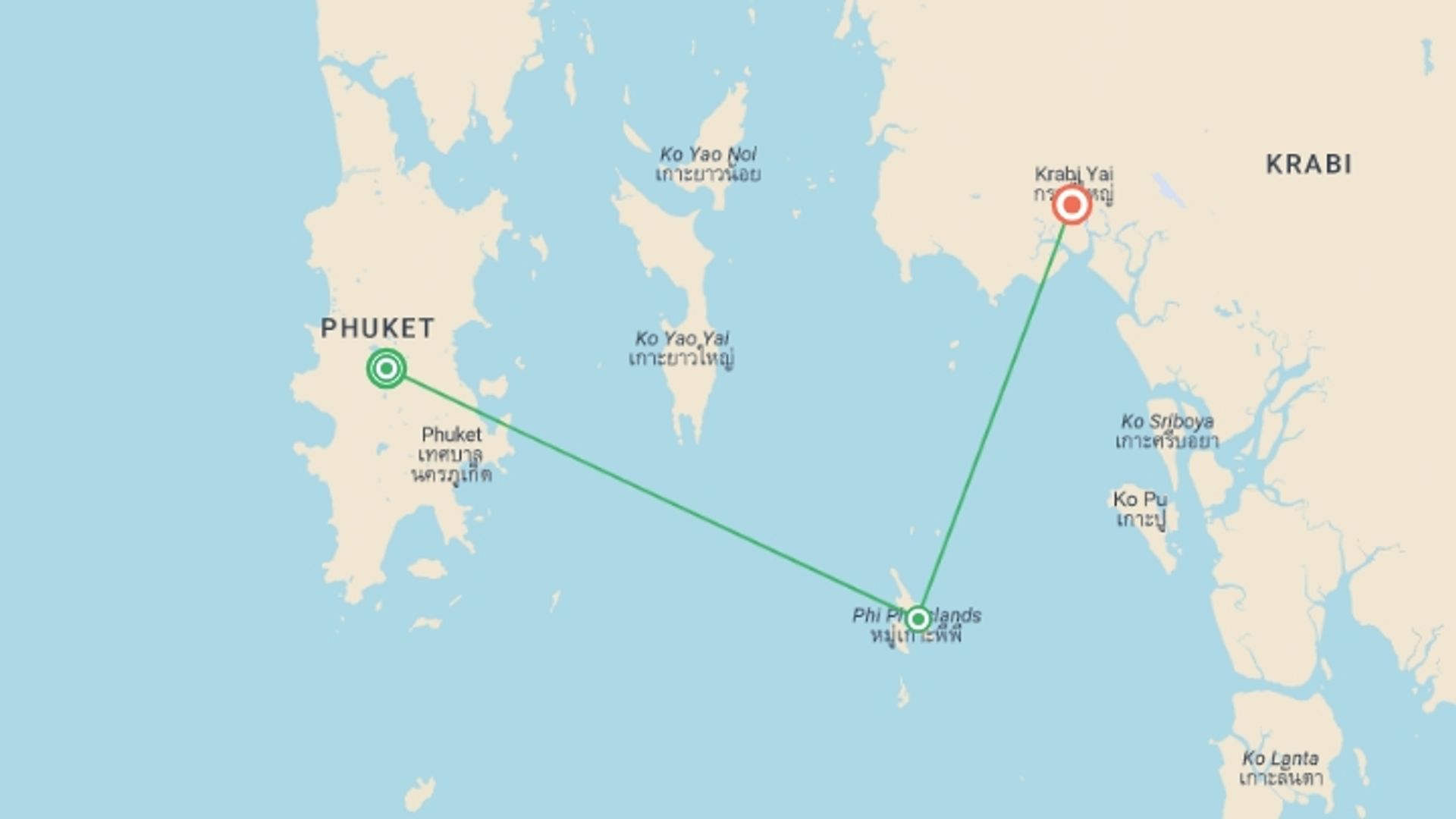 A map showing the tour itinerary for the trip: A Relaxing Getaway To The Exotic Islands, 10 Days, starting in Phuket, Thailand and ending in Krabi, Thailand going through 1 other destinations.