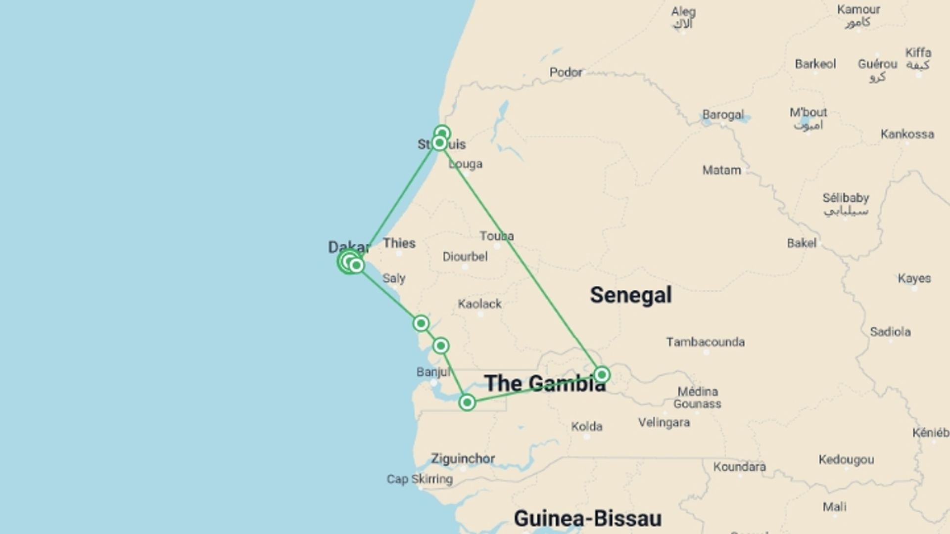 A map showing the tour itinerary for the trip: Senegal and The Gambia, starting in Dakar, Senegal and ending in Dakar, Senegal going through 7 other destinations.