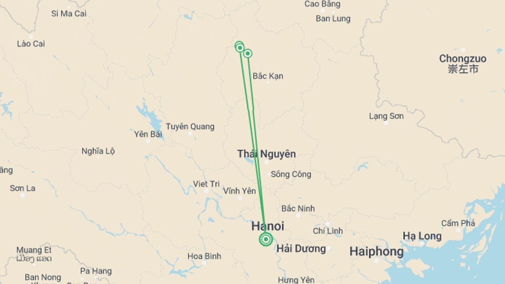A map showing the tour itinerary for the trip: Ba Be Lake Kayaking And Trekking 4 Days 3 Nights, starting in Ha Noi, Vietnam and ending in Ha Noi, Vietnam going through 3 other destinations.