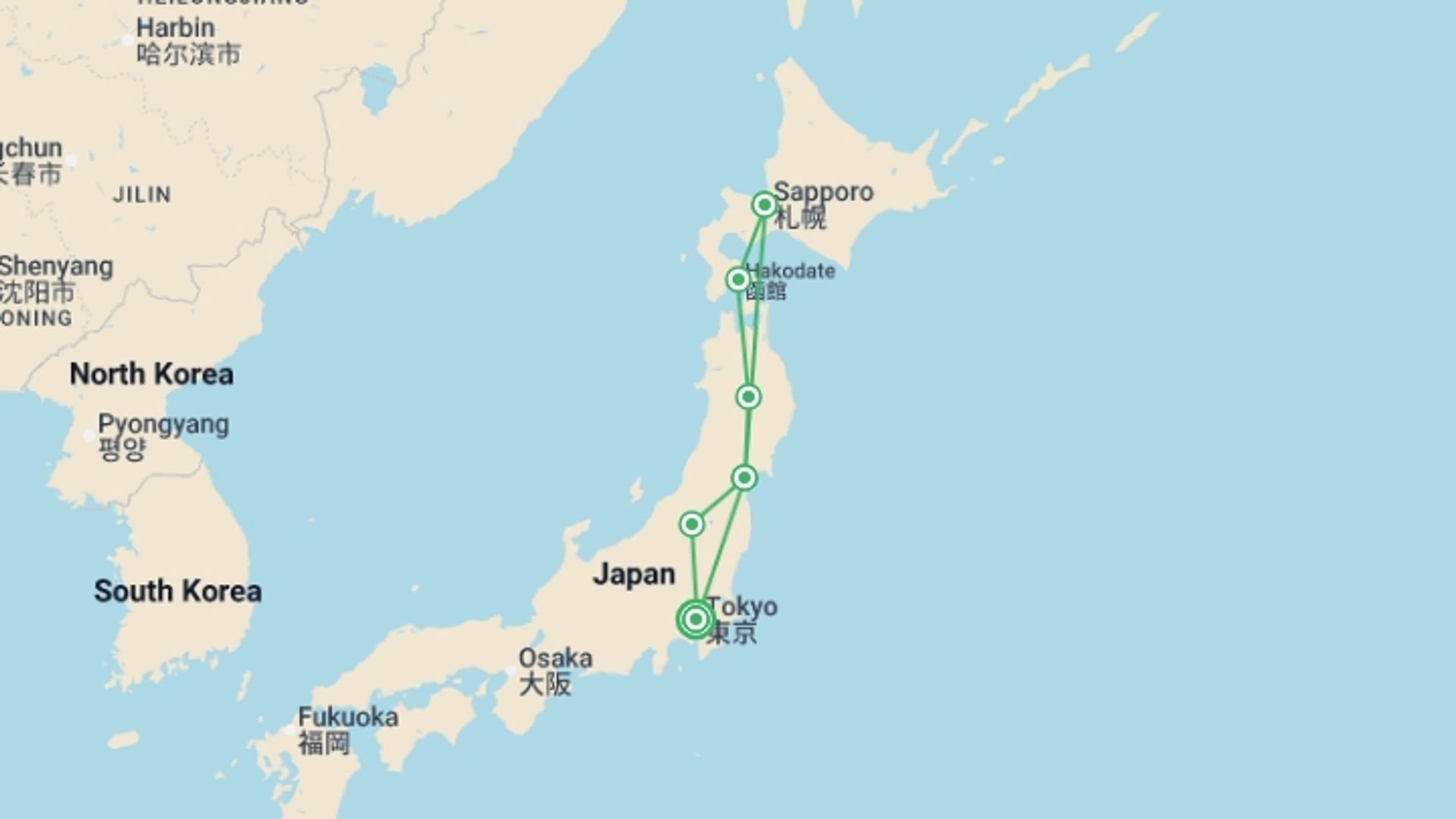 A map showing the tour itinerary for the trip: North Japan, starting in Tokyo, Japan and ending in Tokyo, Japan going through 5 other destinations.