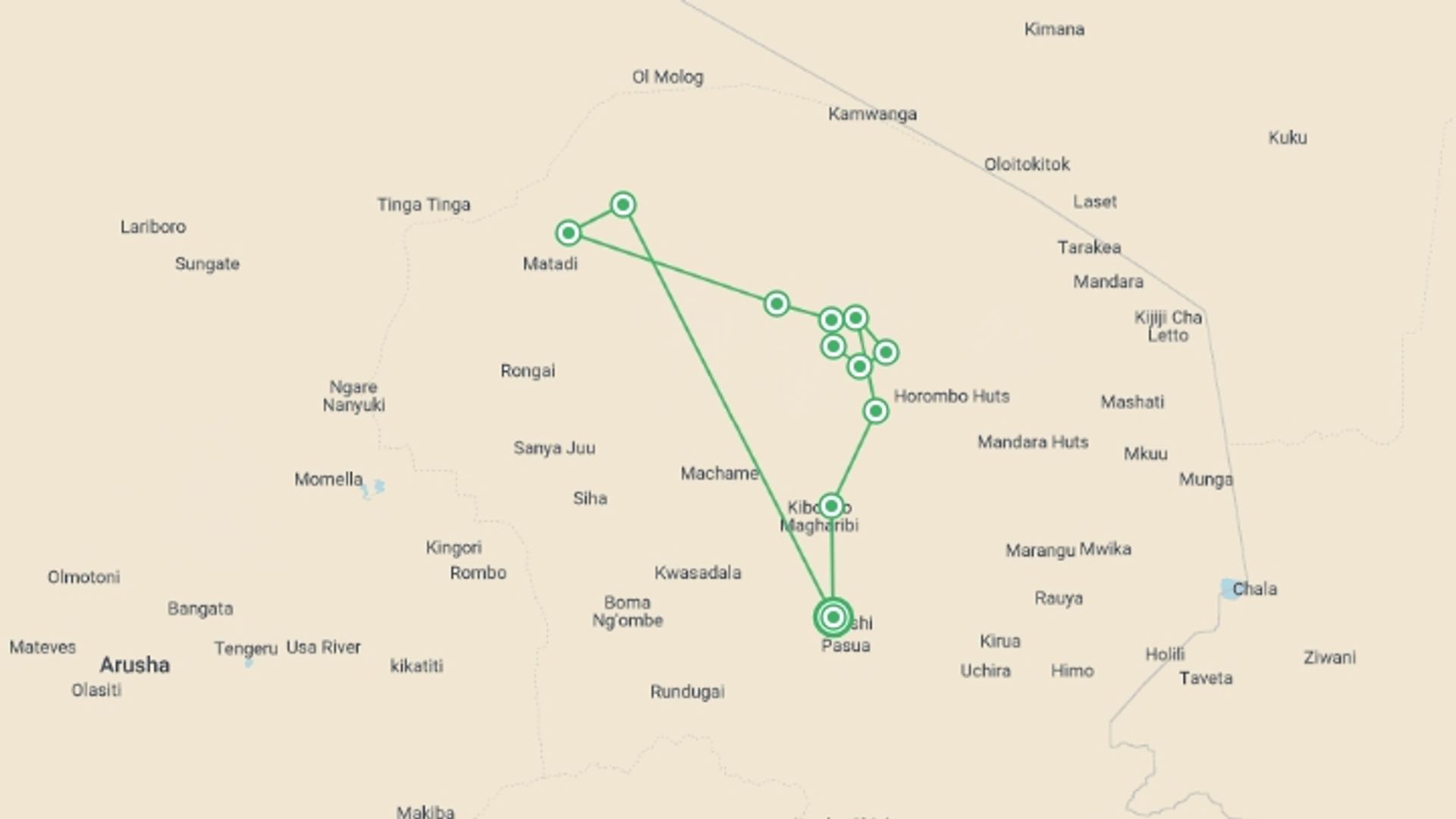 A map showing the tour itinerary for the trip: Seven-Day Kilimanjaro Climb: Shira Route, starting in Moshi, Tanzania and ending in Moshi, Tanzania going through 8 other destinations.