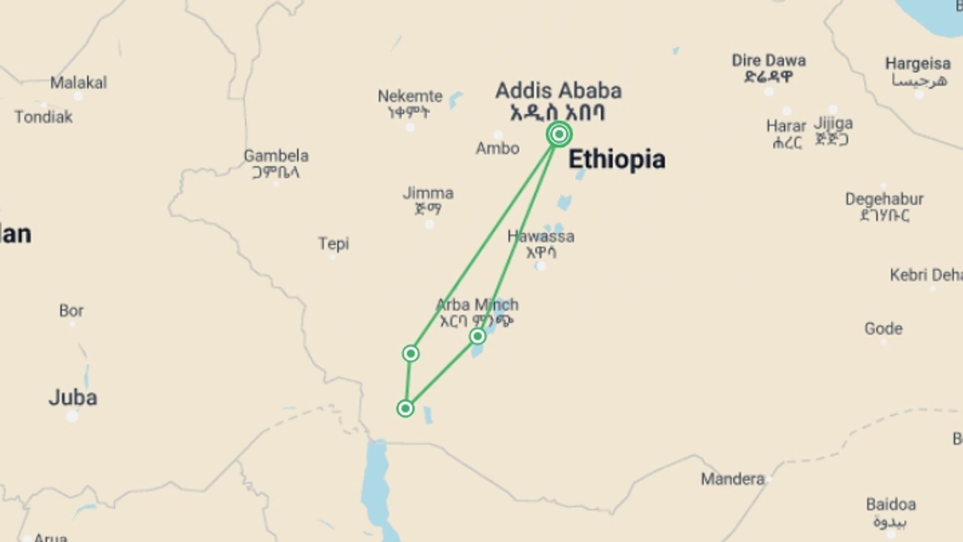 A map showing the tour itinerary for the trip: Tribal Encounters: Exploring Ethiopia's Omo Valley, starting in Addis Ababa, Ethiopia and ending in Addis Ababa, Ethiopia going through 3 other destinations.